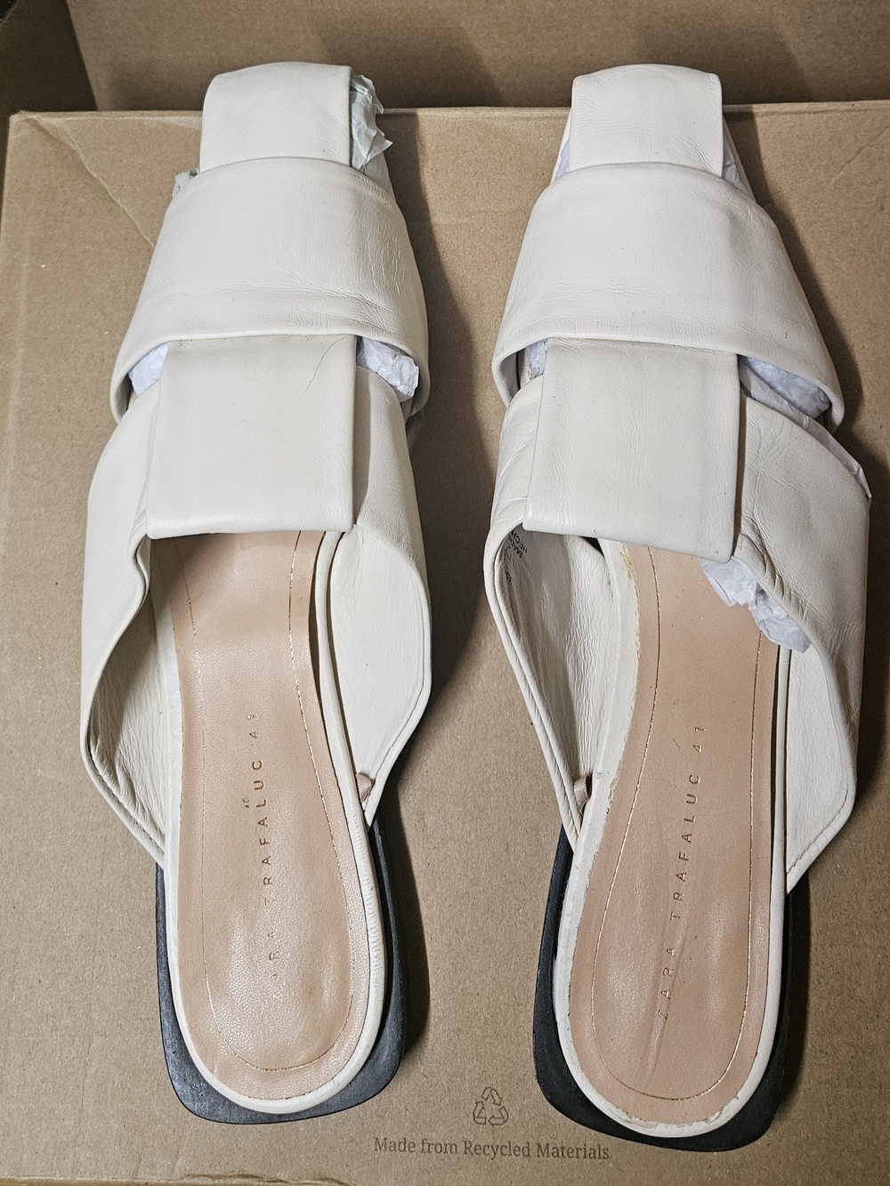 Zara Off-White Leather Square-Toe Slip-On Mules